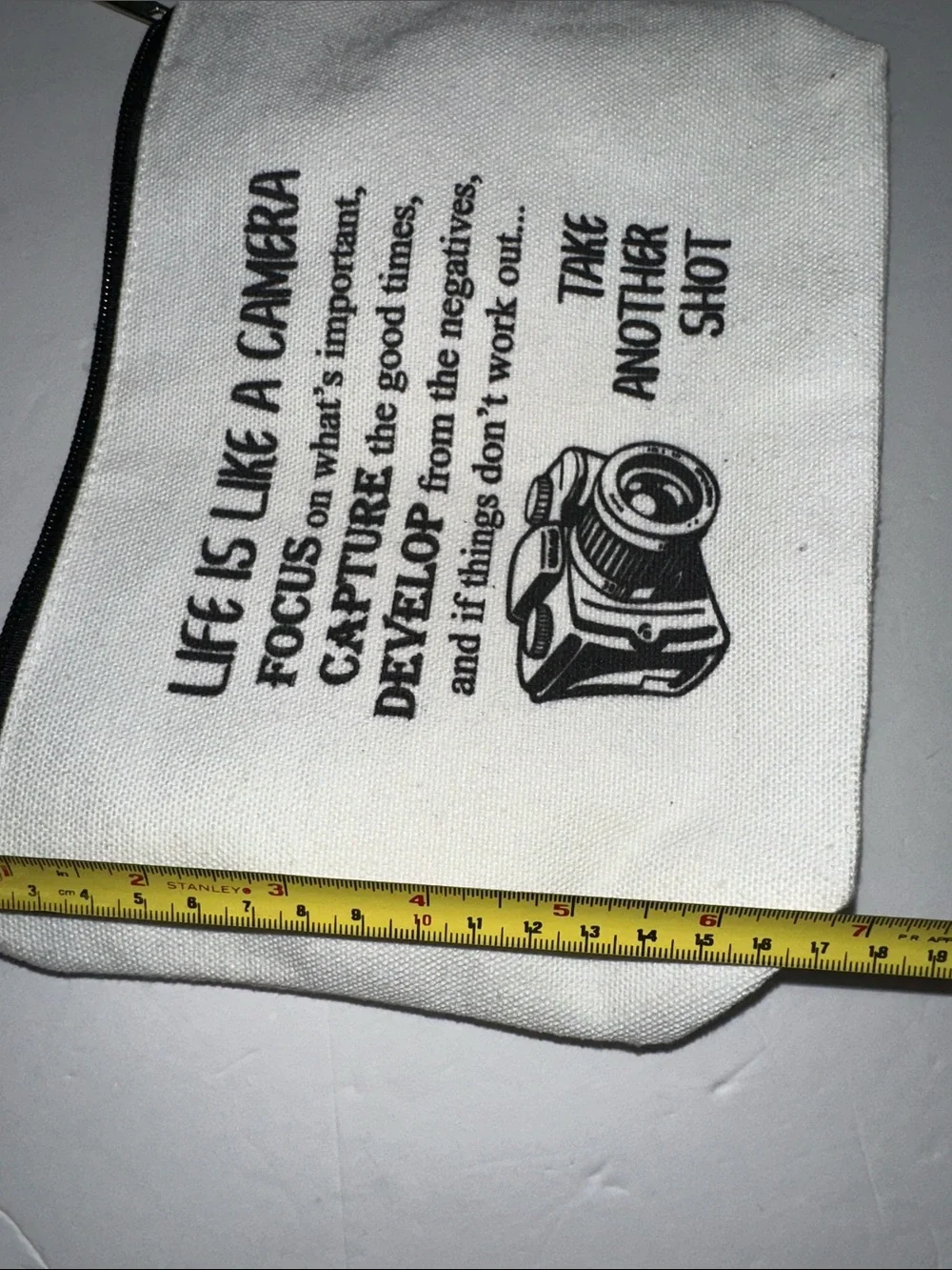 Canvas Camera Quote Life is Like a Camera Zipper Pouch - White New Without Tag